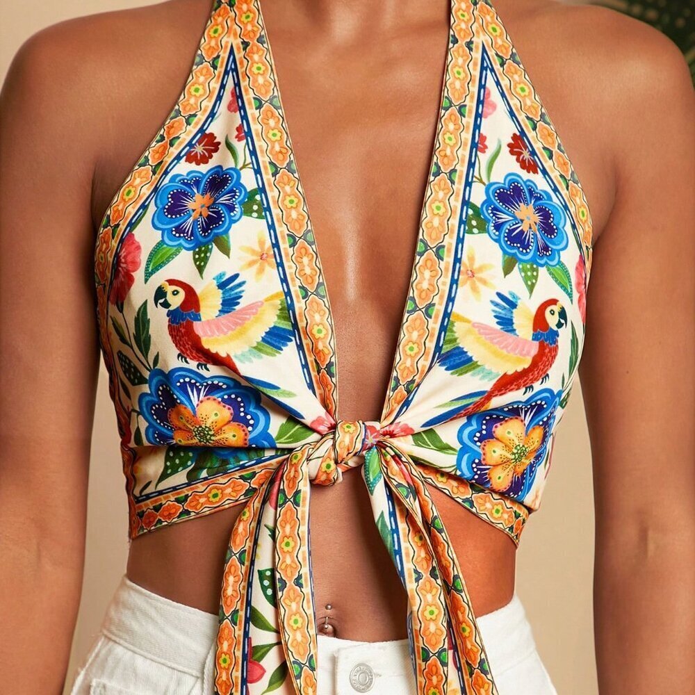 Khaki Boho Floral Women's Halter Neck Backless Casual Top